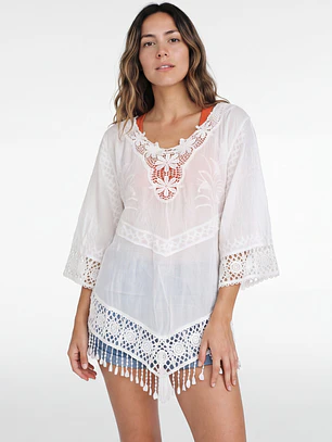 Blusa Macrame Mujer Manga 3/4 Blanco