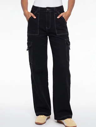Jeans Contraste Cargo Mujer Negro