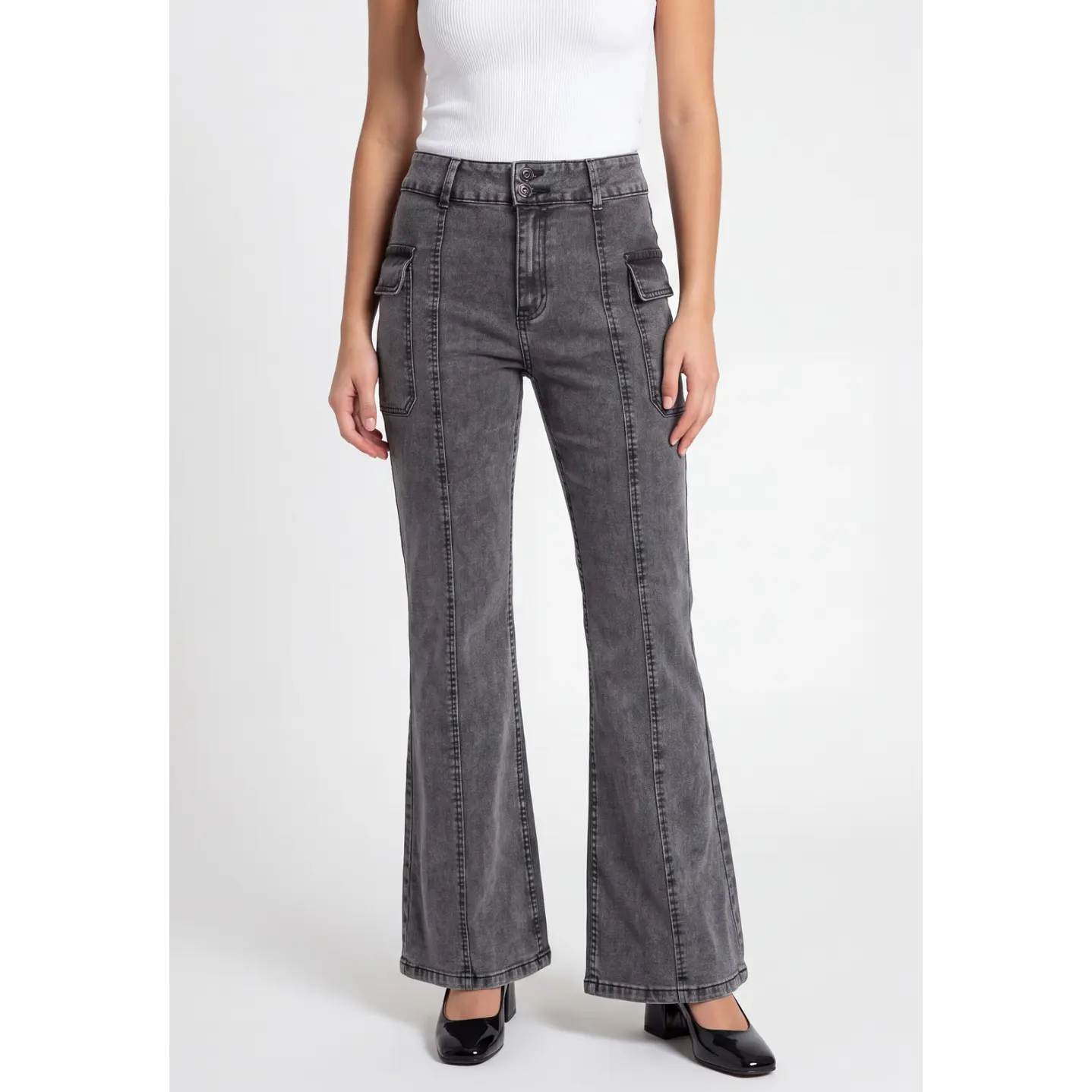 Jeans Costuras Flare Mujer Gris 1