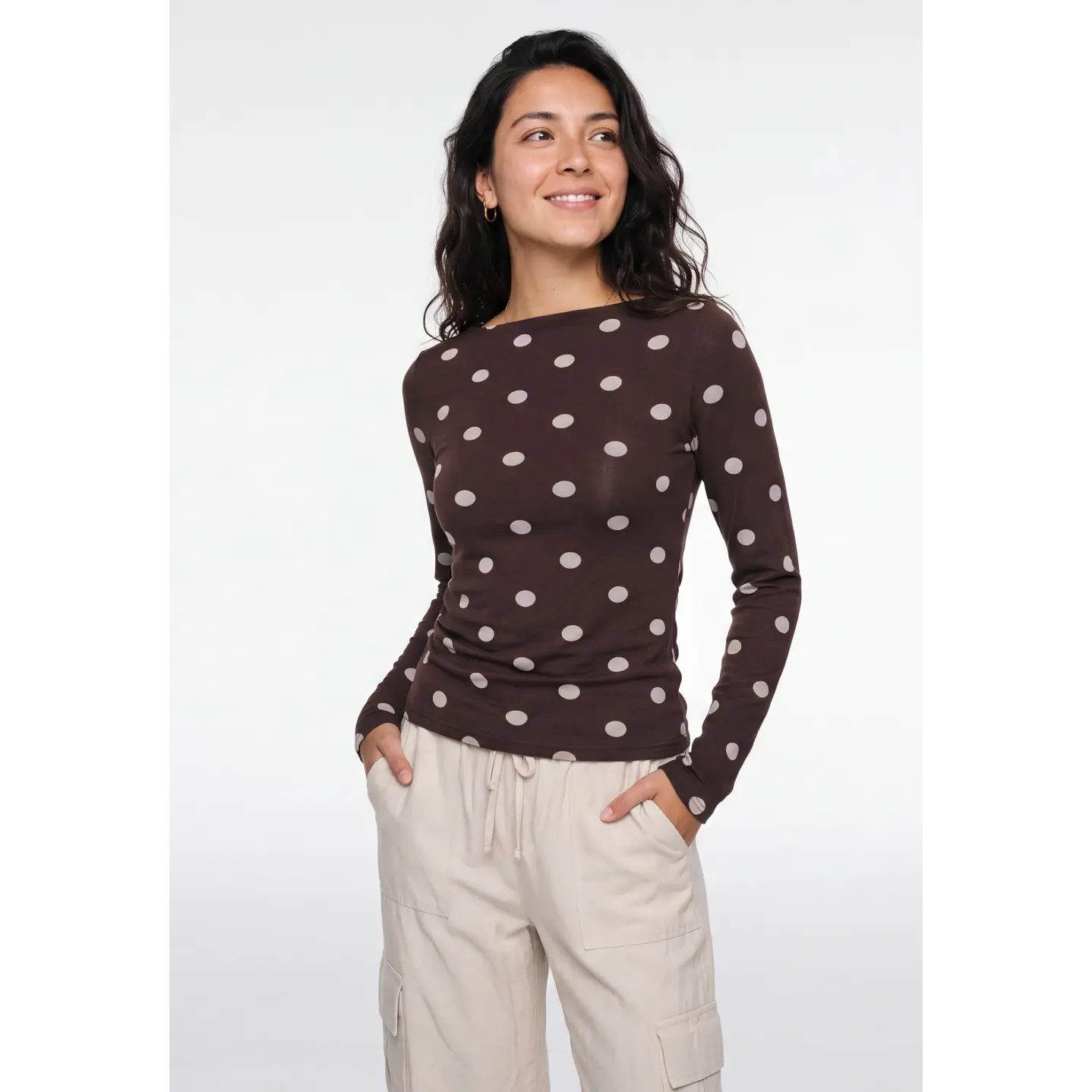 Polera Lunares Mujer Manga Larga Café 1
