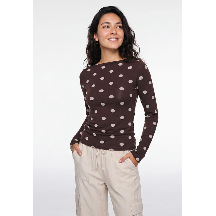 Polera Lunares Mujer Manga Larga Café 1