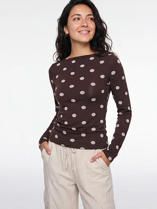 Polera Lunares Mujer Manga Larga Café