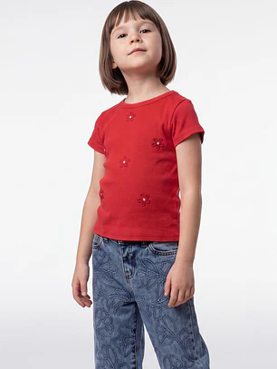 Polera Rib Perlas Niña Rojo