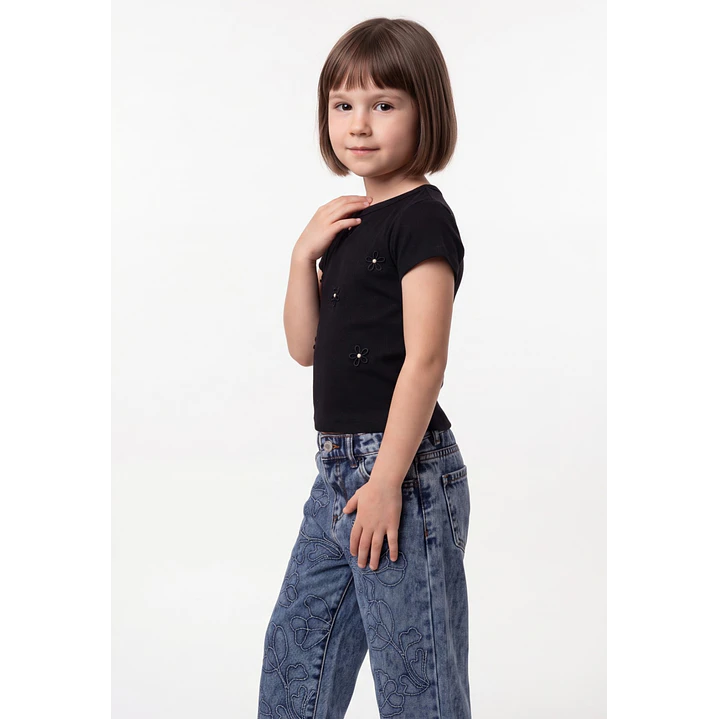 Polera Rib Perlas Niña Negro 1