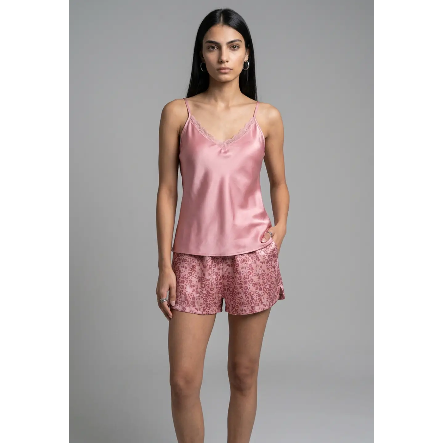 Pijama Corto Satin Mujer Rosado 1