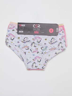Calzón Tripack Bikini Niña Gris