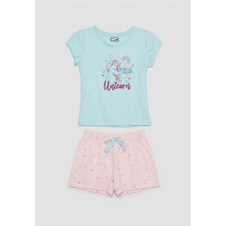 Pijama Corto Unicornio Niña Celeste 1