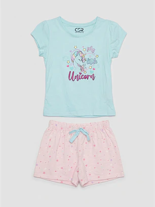 Pijama Corto Unicornio Niña Celeste