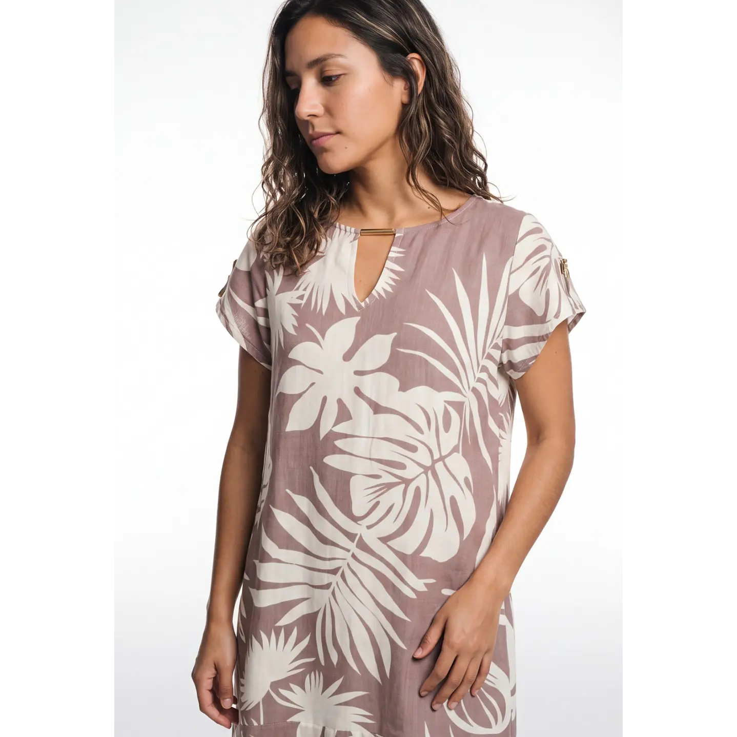 Vestido Hojas Mujer Beige 4