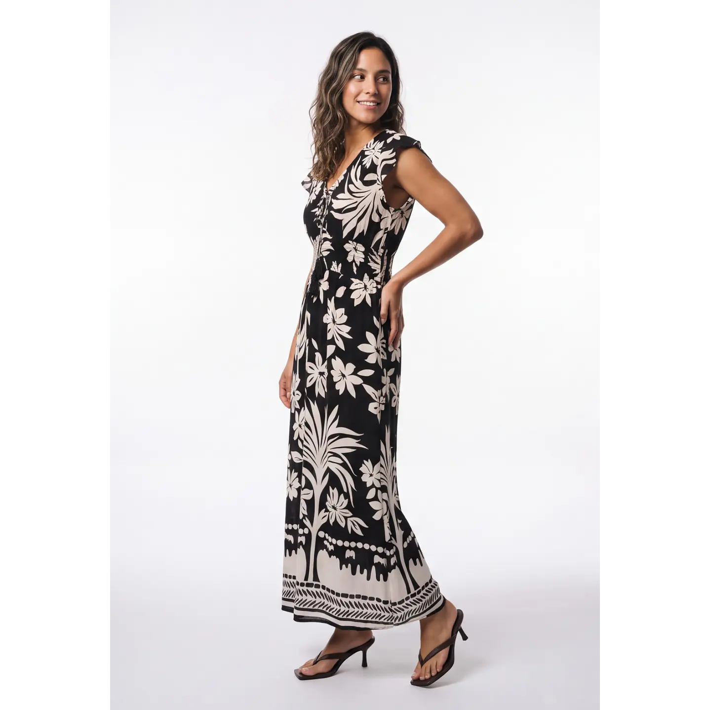 Vestido Largo Flores Mujer Negro 1