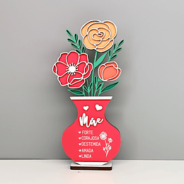 Placa Vaso com Flores em MDF para Mãe - Adjetivos e Dedicatória, Vaso Vermelho