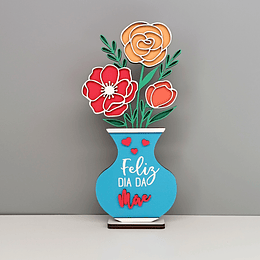 Vaso com Flores em MDF para Mãe - Dedicatória e Adjetivos, Vaso Azul
