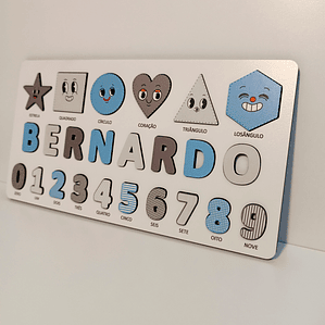  Jogo de Encaixe Personalizado – Formas, Números e Nome (Azul)