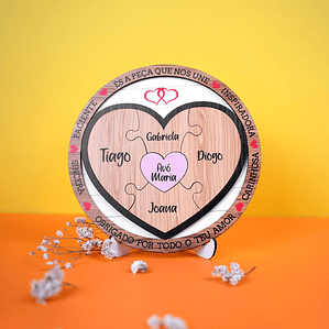 Placa Puzzle Coração com Nomes e Dedicatória Personalizada