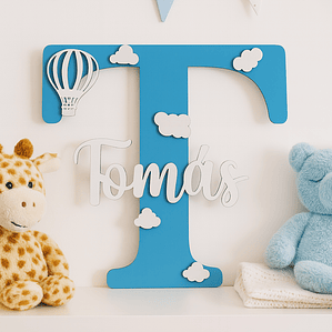 Placa de Porta em Forma de Letra Inicial com Nome - Tema Balão de Ar quente