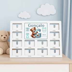 Moldura primeiro ano com 12 fotografias tema Urso com Letra inicial