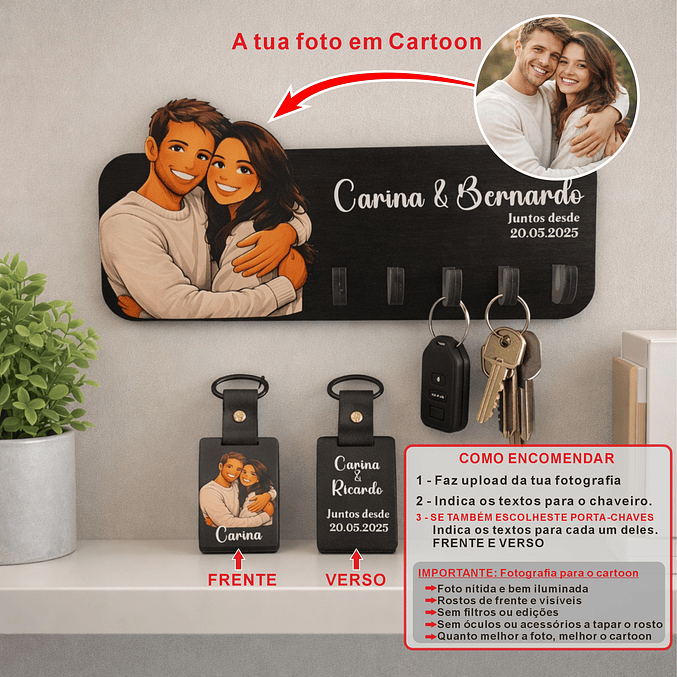 Chaveiro de parede personalizado com cartoon de fotografia e porta-chaves – Dia dos Namorados 4