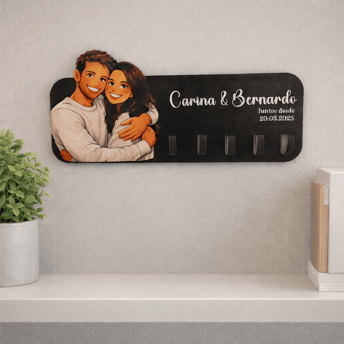 Chaveiro de parede personalizado com cartoon de fotografia e porta-chaves – Dia dos Namorados 2