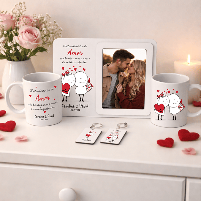 Conjunto Namorados – História Preferida – Moldura, Caneca e Porta-chaves Personalizados 1