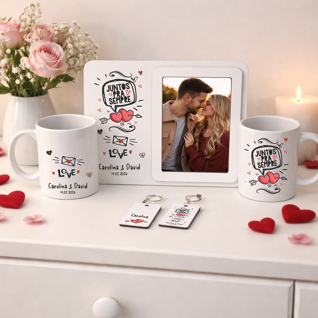 Conjunto Namorados – Juntos pra Sempre – Moldura, Caneca e Porta-chaves Personalizados 1