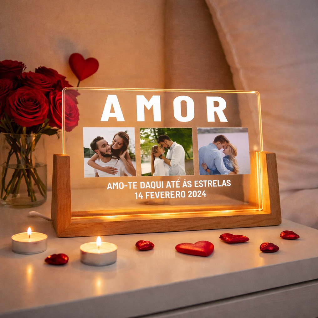 Candeeiro LED Personalizado - 3 Fotografias e Dedicatória Namorados 1