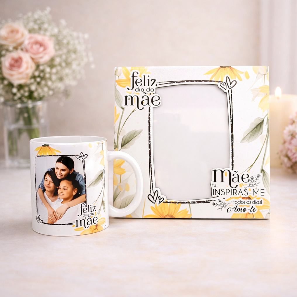 Conjunto Moldura e Caneca Personalizados - Dia da Mãe, Tema Floral_amarelo 1