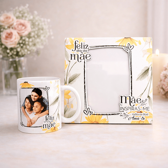 Conjunto Moldura e Caneca Personalizados - Dia da Mãe, Tema Floral_amarelo 1