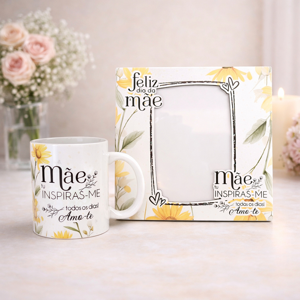 Conjunto Moldura e Caneca Personalizados - Dia da Mãe, Tema Floral_amarelo 2
