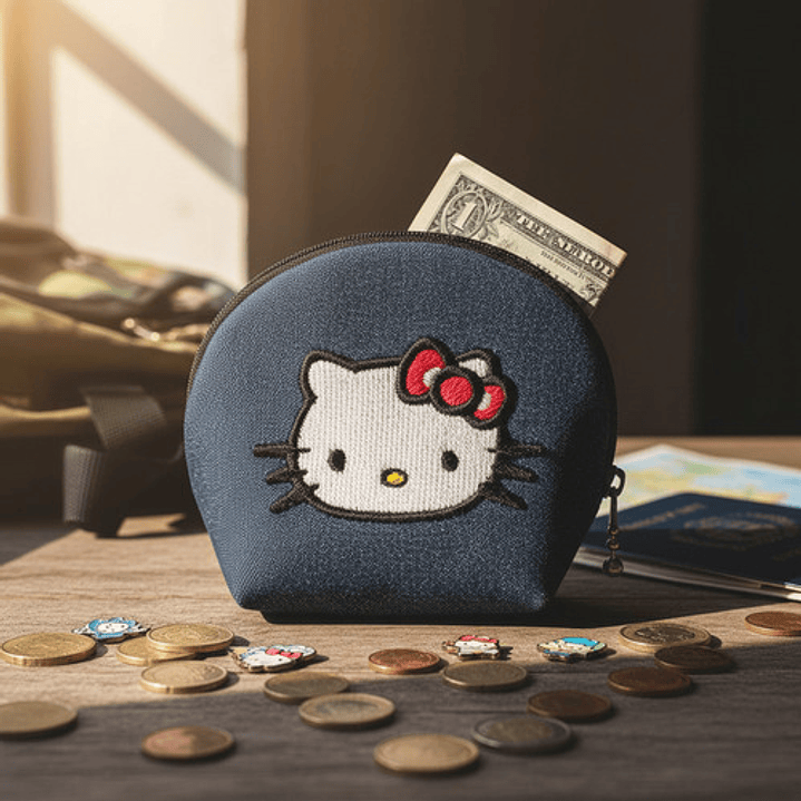 Monedero Bordado Gatita Kawaii Moño Rojo Lona Y Jeans 10