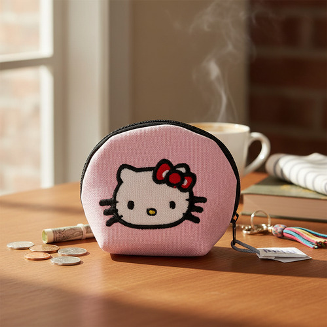 Monedero Bordado Gatita Kawaii Moño Rojo Lona Y Jeans 3