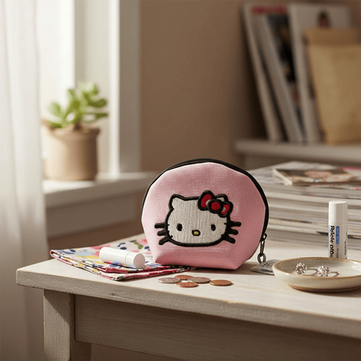 Monedero Bordado Gatita Kawaii Moño Rojo 1