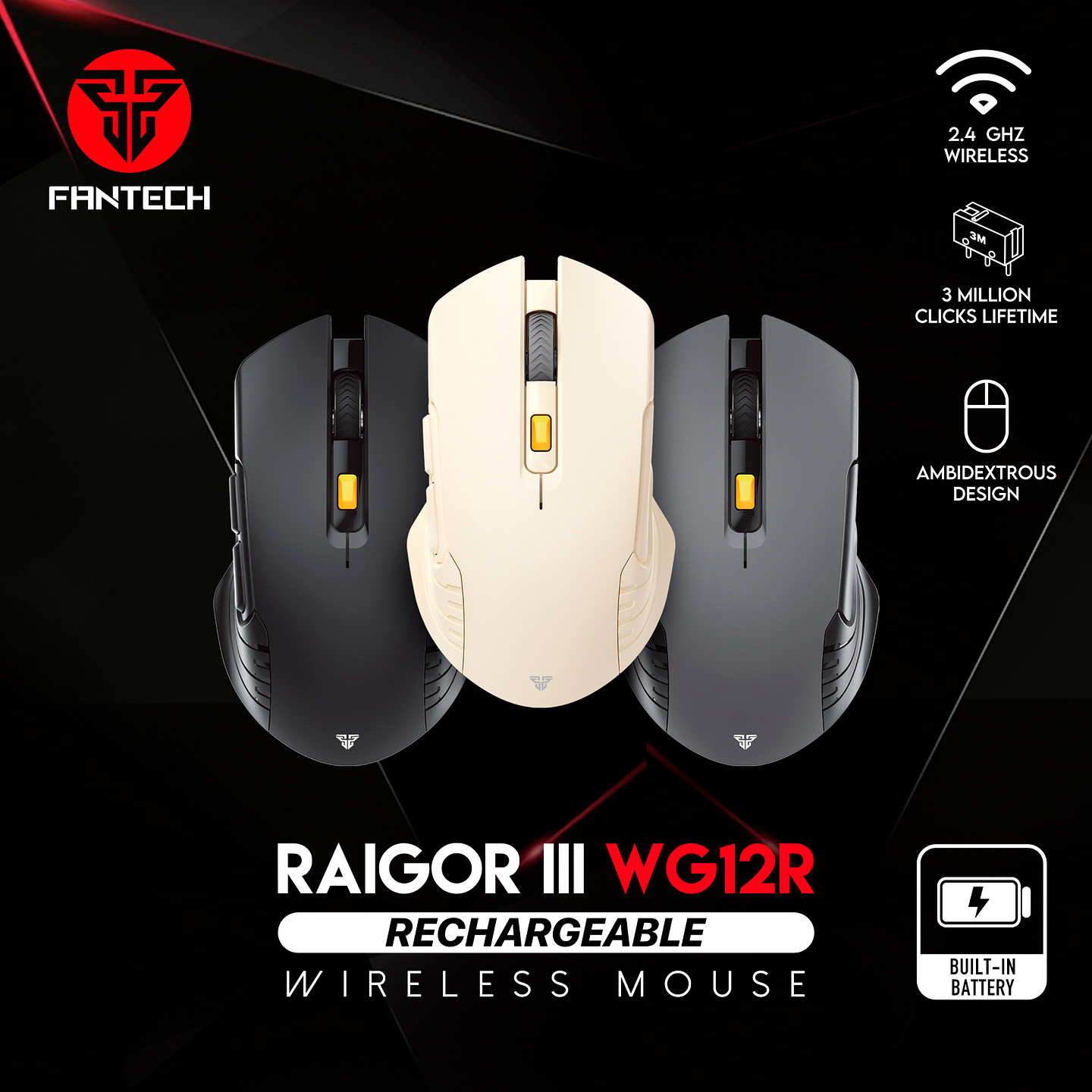 WG12R RAIGOR III Black Mouse Inalámbrico 2.000 DPI 6