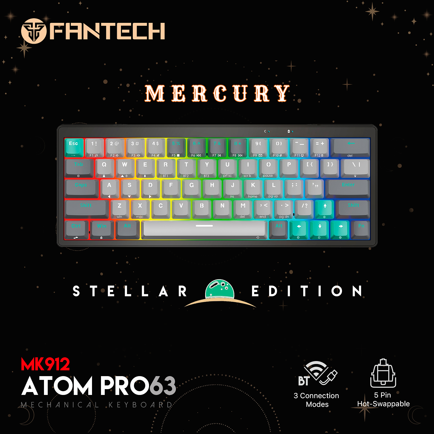 ATOM PRO63 RGB USA MK912 Mercury Wireless Teclado Mecánico inalámbrico 60% 9