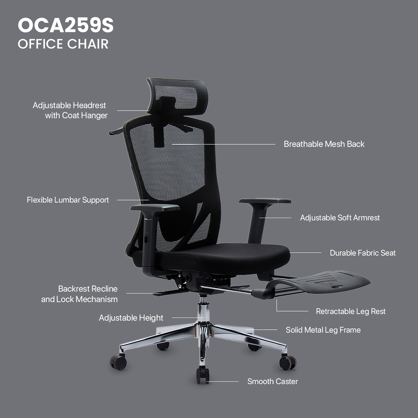 OCA259s Black Silla ergonómica Oficina de Malla con Reposapiés 17
