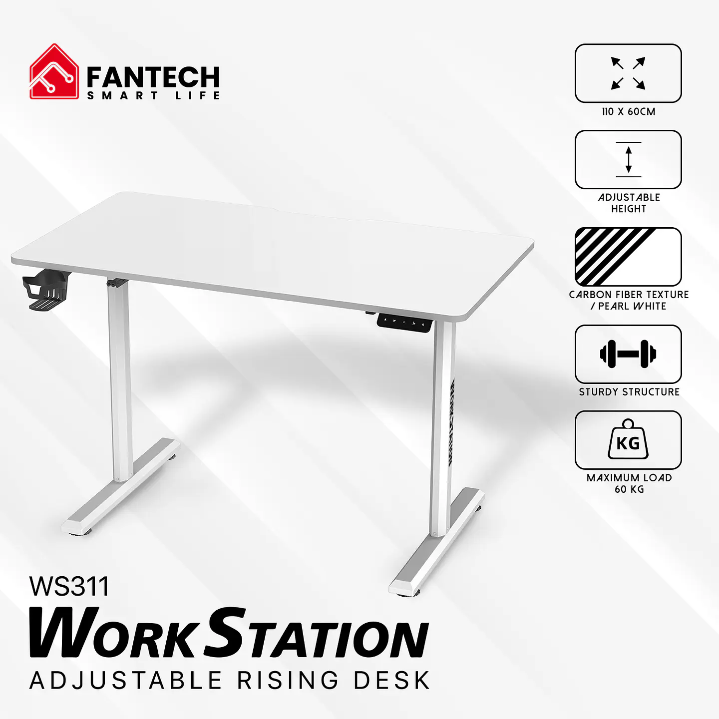 WS311 WORKSTATION Pearl White Escritorio con Control de Elevación Automática 12