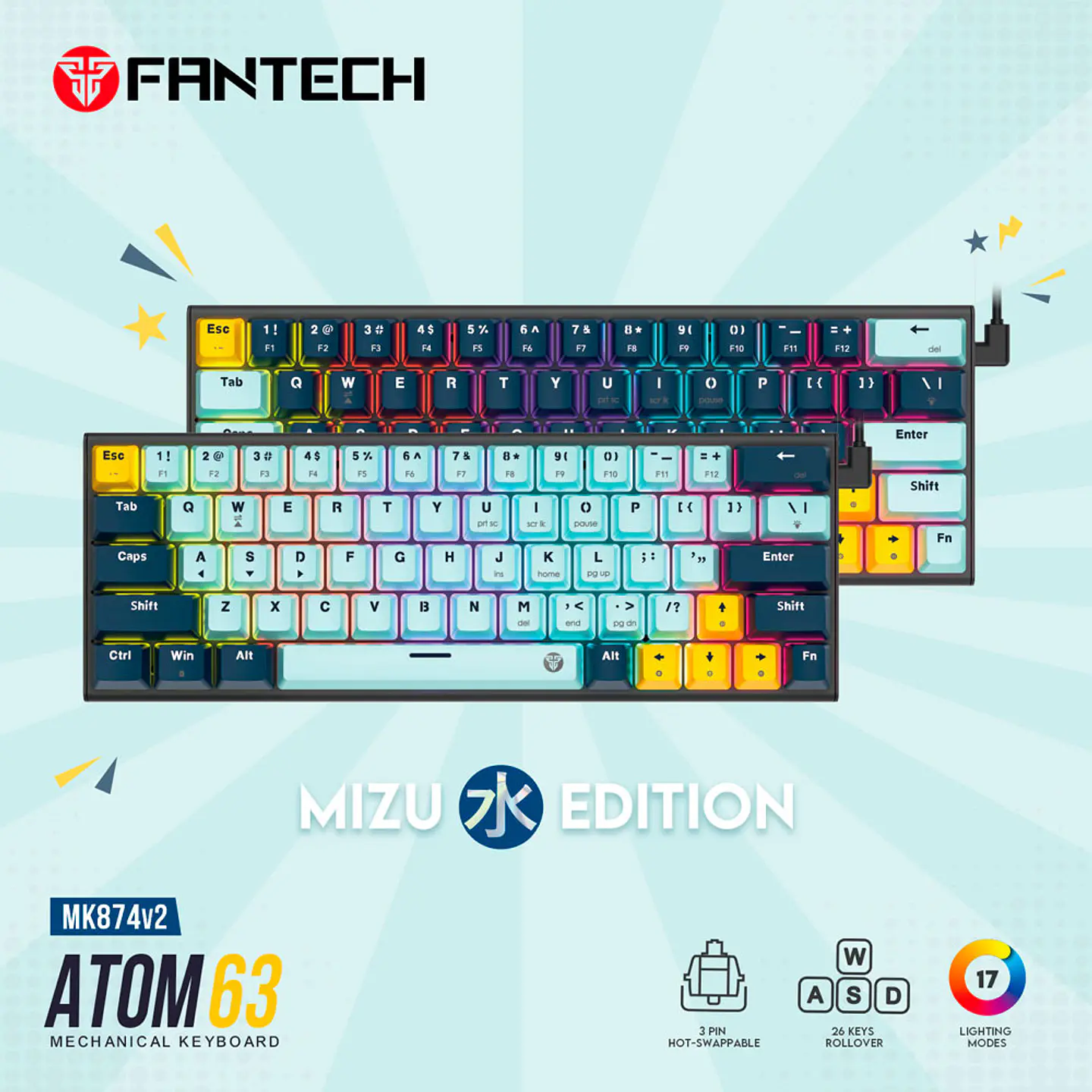MK874V2 ATOM63 Sky Blue Teclado Mecánico 60% Hot-Swappable Layout USA 12