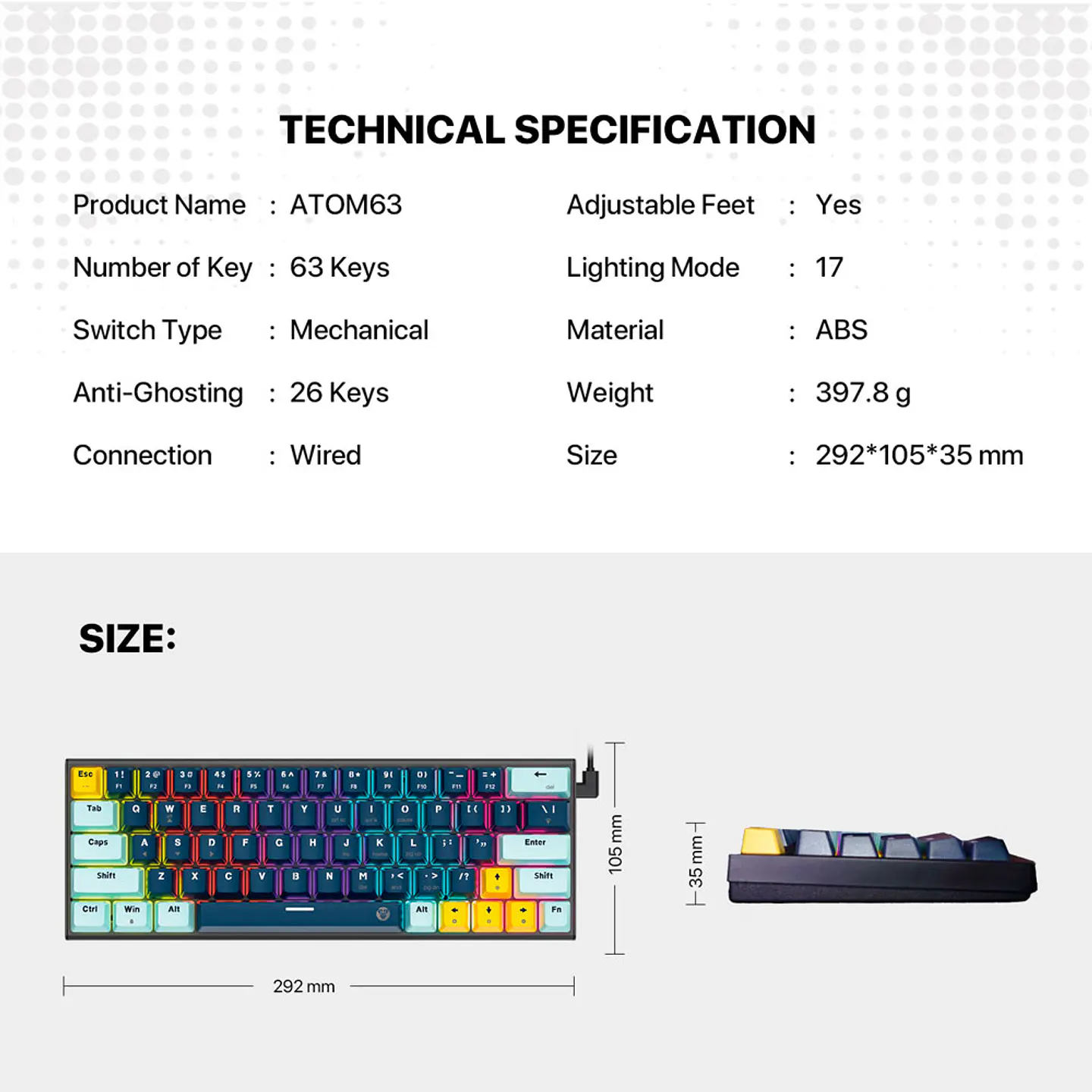 MK874V2 ATOM63 Sky Blue Teclado Mecánico 60% Hot-Swappable Layout USA 11