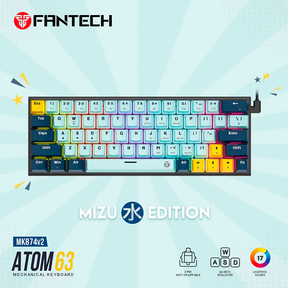 MK874V2 ATOM63 Sky Blue Teclado Mecánico 60% Hot-Swappable Layout USA 3