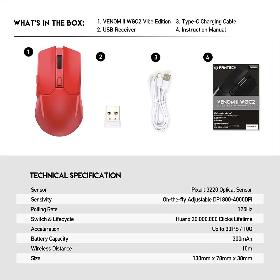 WGC2 VENOM II Red Mouse Inalámbrico 2.400 DPI 15