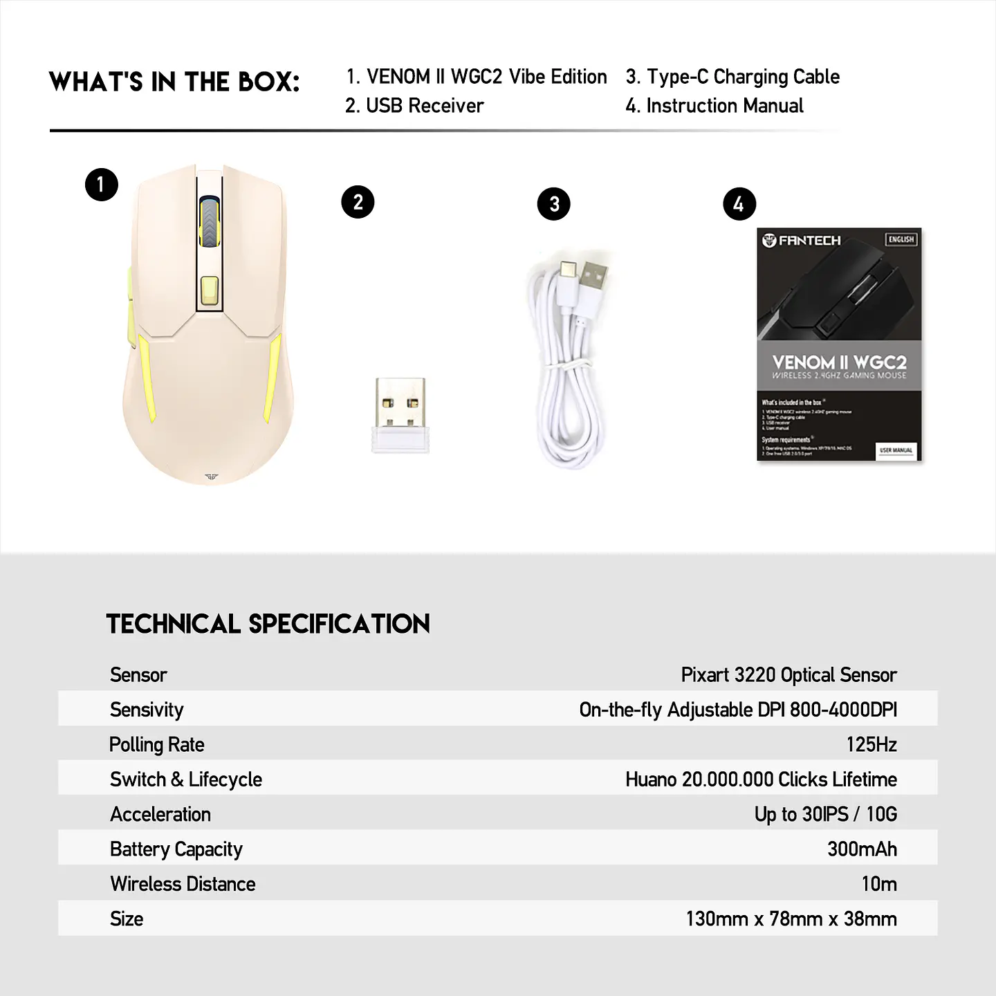 WGC2 VENOM II Beige Mouse Inalámbrico 2.400 DPI 14