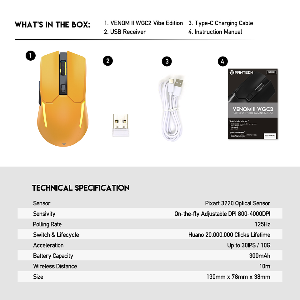 WGC2 VENOM II Yellow Mouse Inalámbrico 2.400 DPI 15