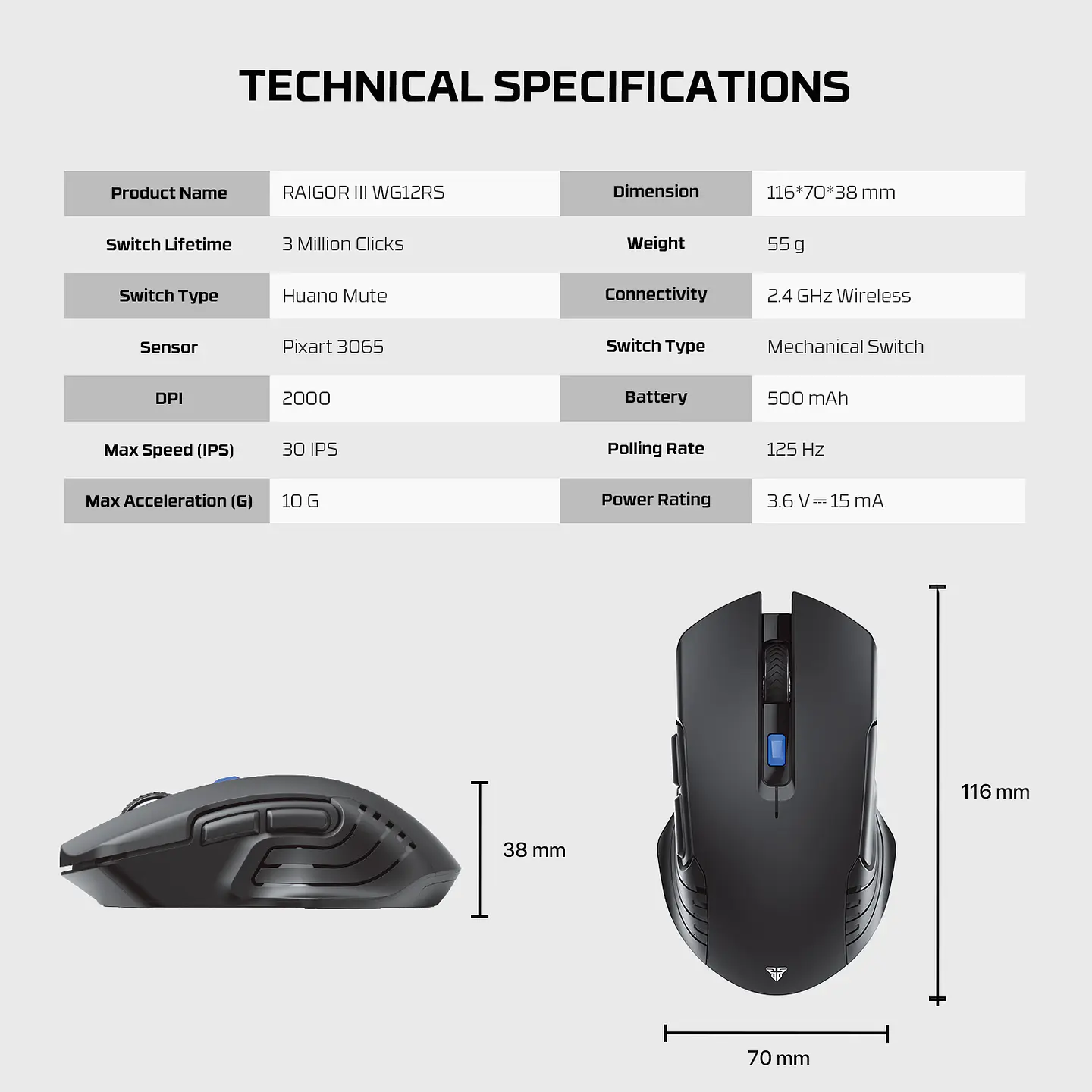 WG12Rs RAIGOR III Black Mouse Inalámbrico 2.000 DPI 10