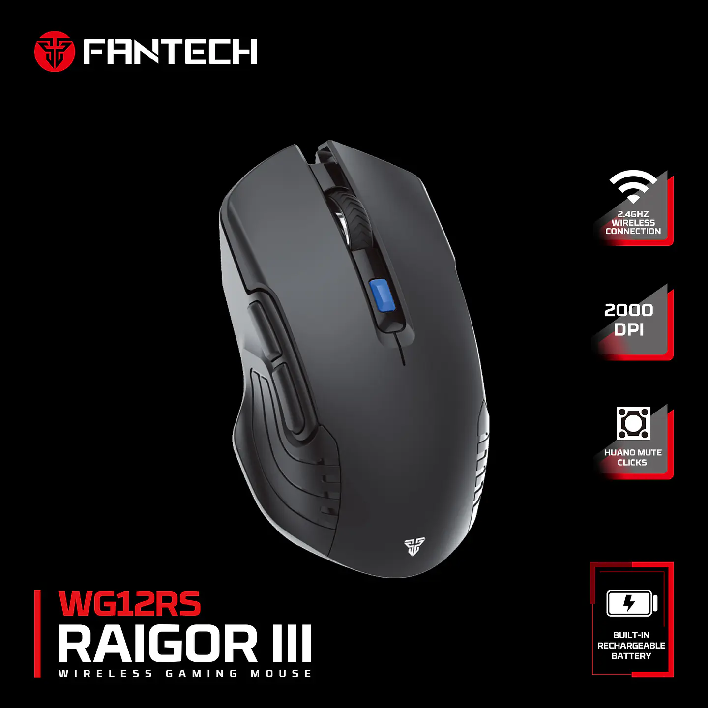 WG12Rs RAIGOR III Black Mouse Inalámbrico 2.000 DPI 15