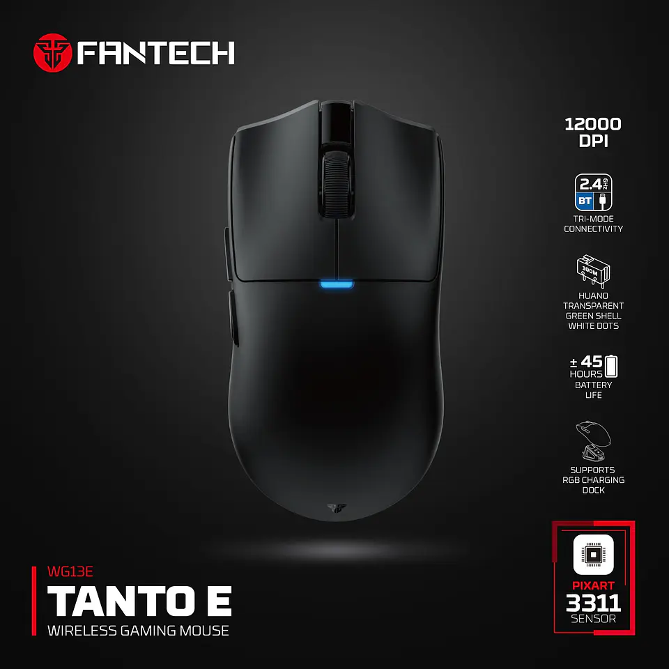 WG13E TANTO E Black Gaming Mouse Inalámbrico 12.000 DPI con dock de carga RGB 30