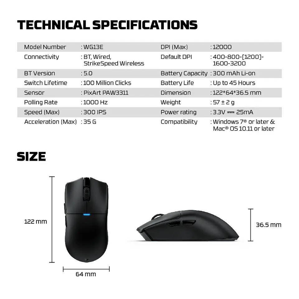 WG13E TANTO E Black Gaming Mouse Inalámbrico 12.000 DPI con dock de carga RGB 26