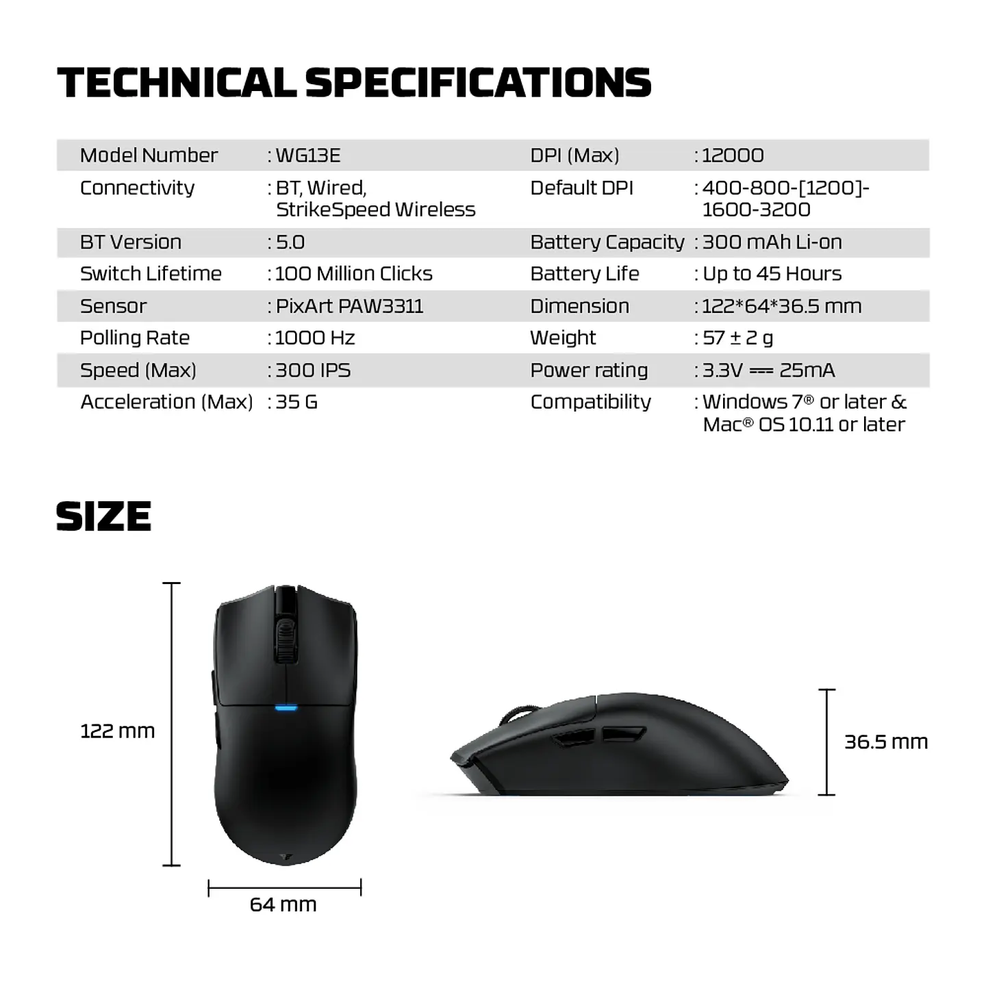 WG13E TANTO E White Gaming Mouse Inalámbrico 12.000 DPI con dock de carga RGB 25