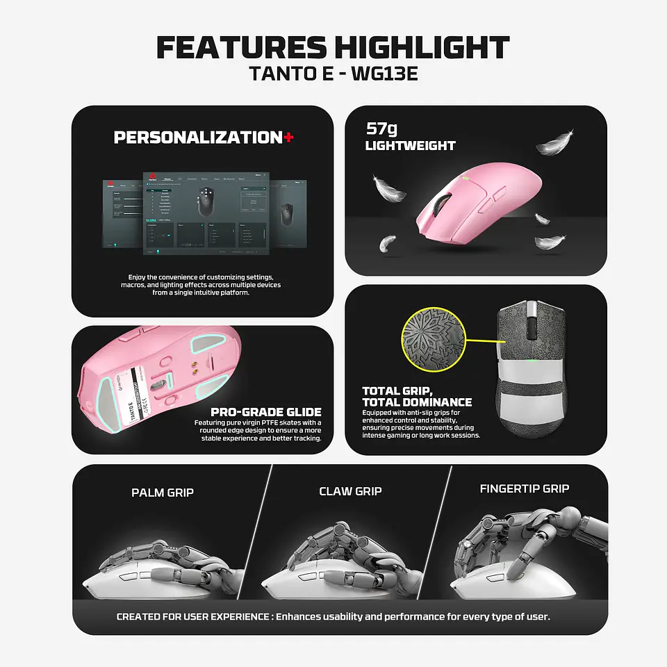 WG13E TANTO E Pink Gaming Mouse Inalámbrico 12.000 DPI con dock de carga RGB 15