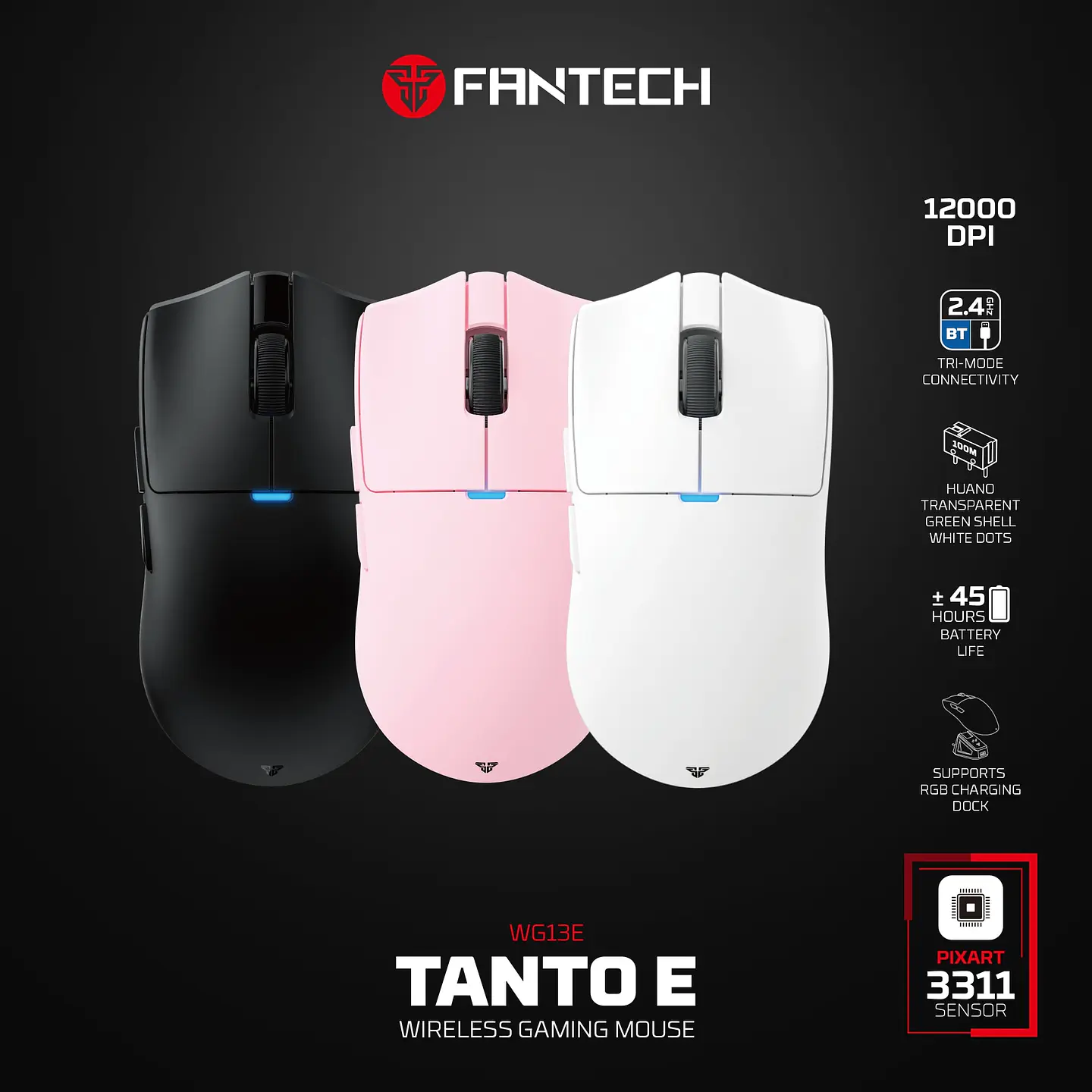 WG13E TANTO E Pink Gaming Mouse Inalámbrico 12.000 DPI con dock de carga RGB 30