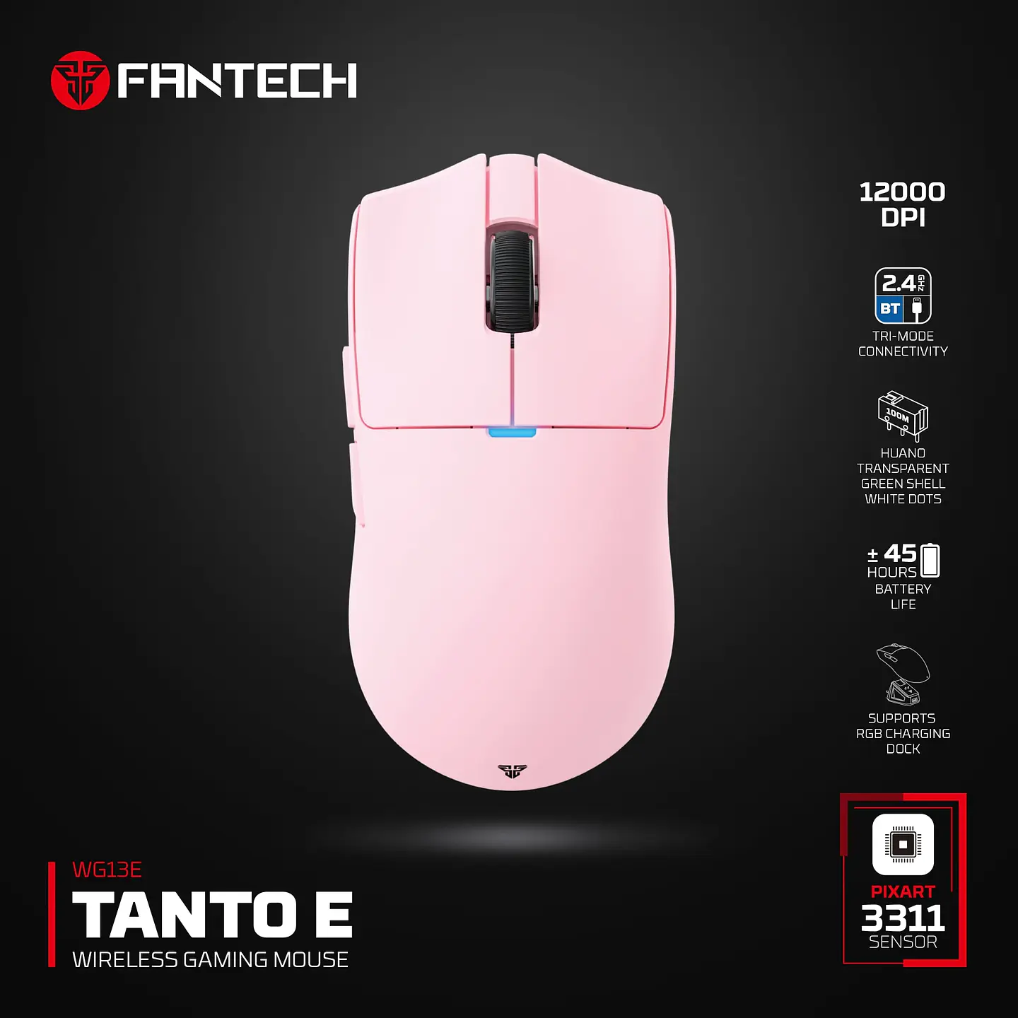WG13E TANTO E Pink Gaming Mouse Inalámbrico 12.000 DPI con dock de carga RGB 29