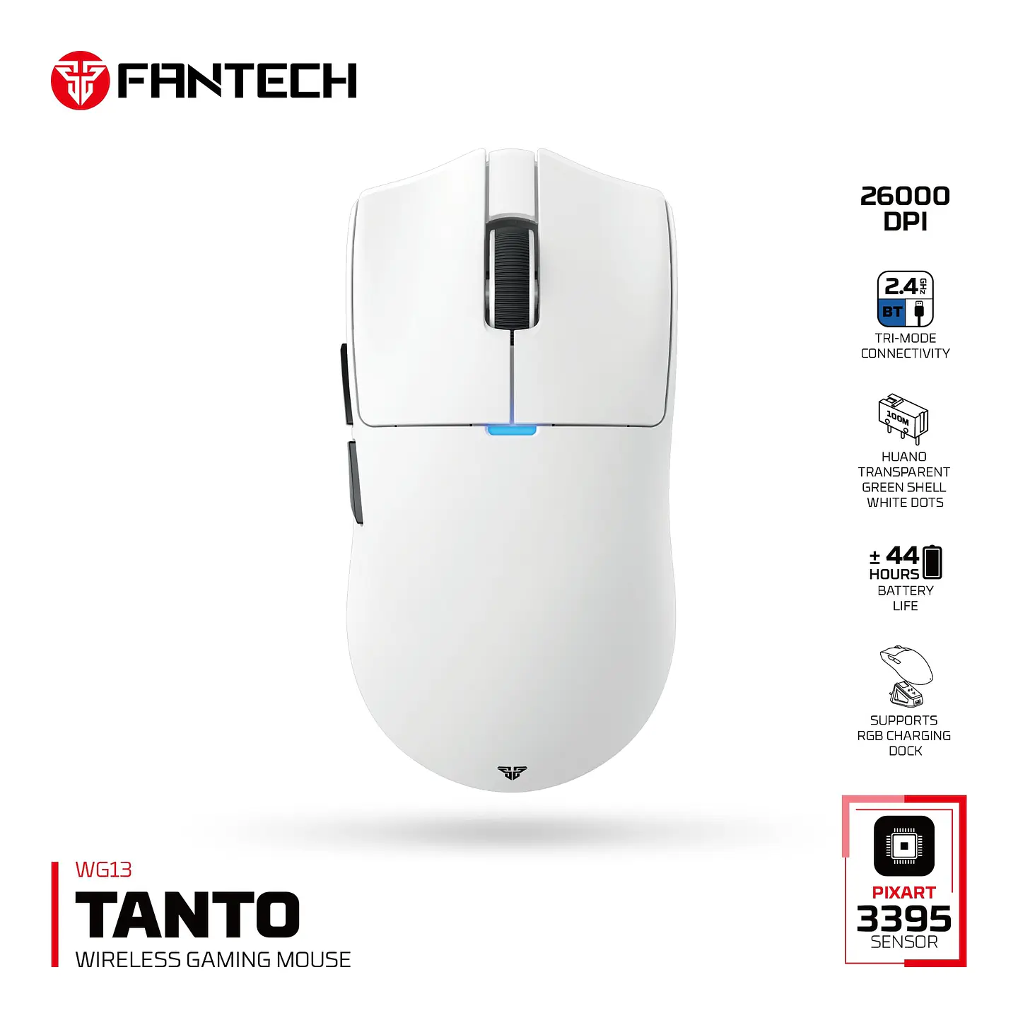 WG13 TANTO White Pro Gaming Mouse Inalámbrico 26.000 DPI con dock de carga RGB 27